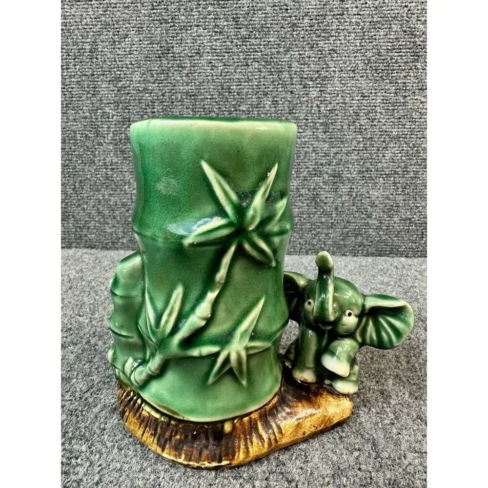 Vintage Ceramic Bamboo Vase with Elephant Figurine 6” Handcrafted – Used